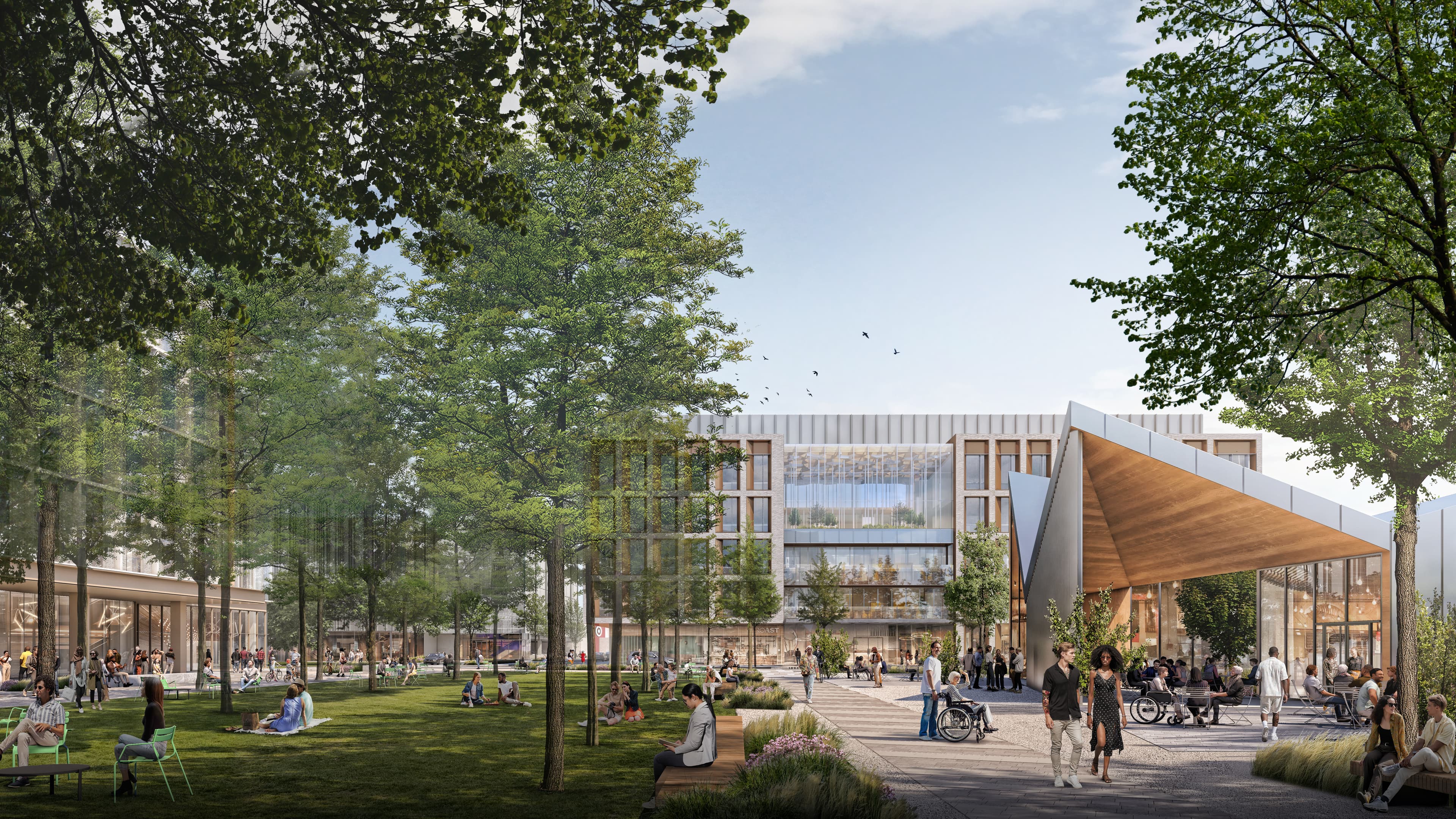 render of Watertown Mall project with pedestrians outside