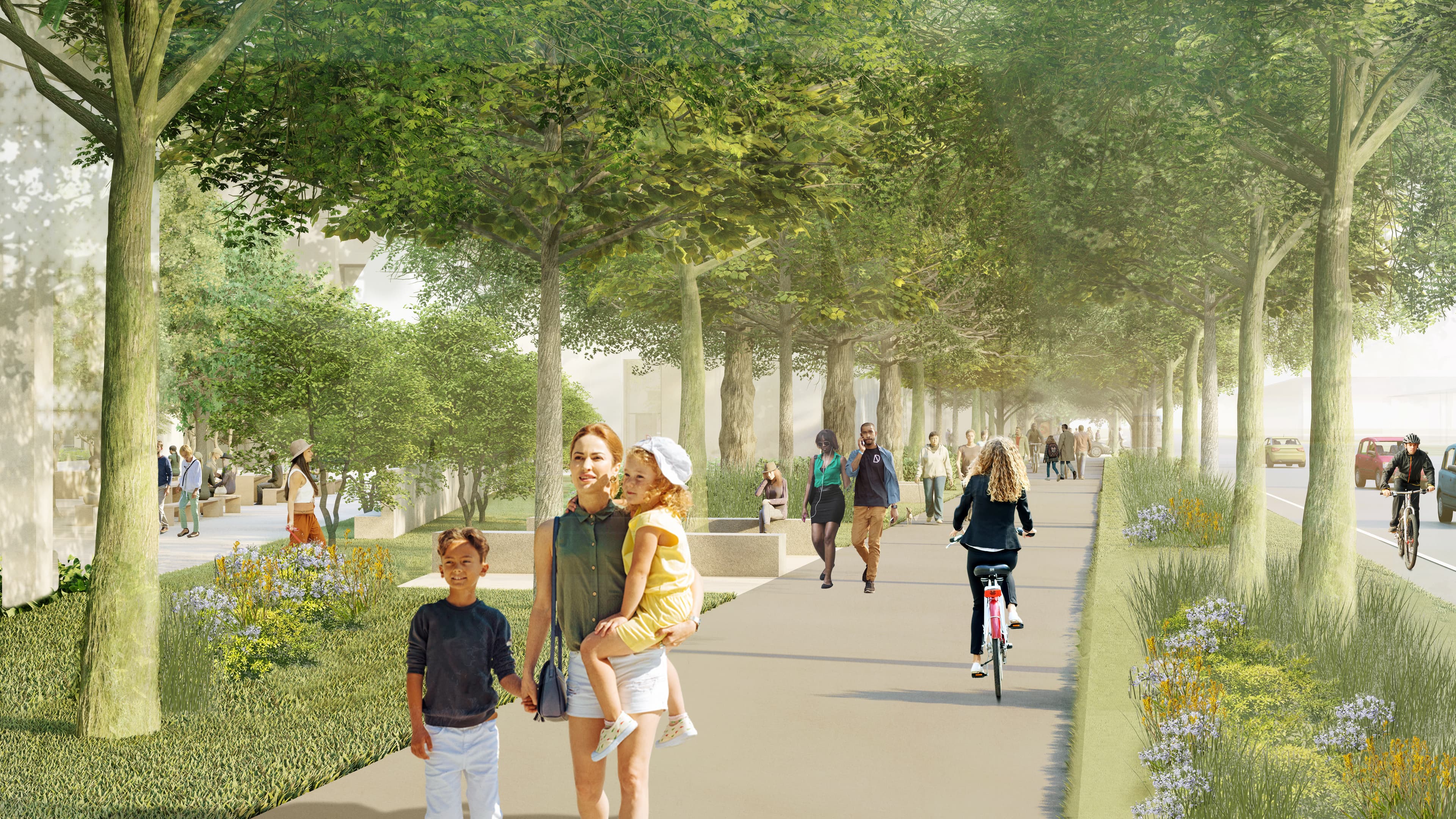 render of pedestrians walking along route in park area